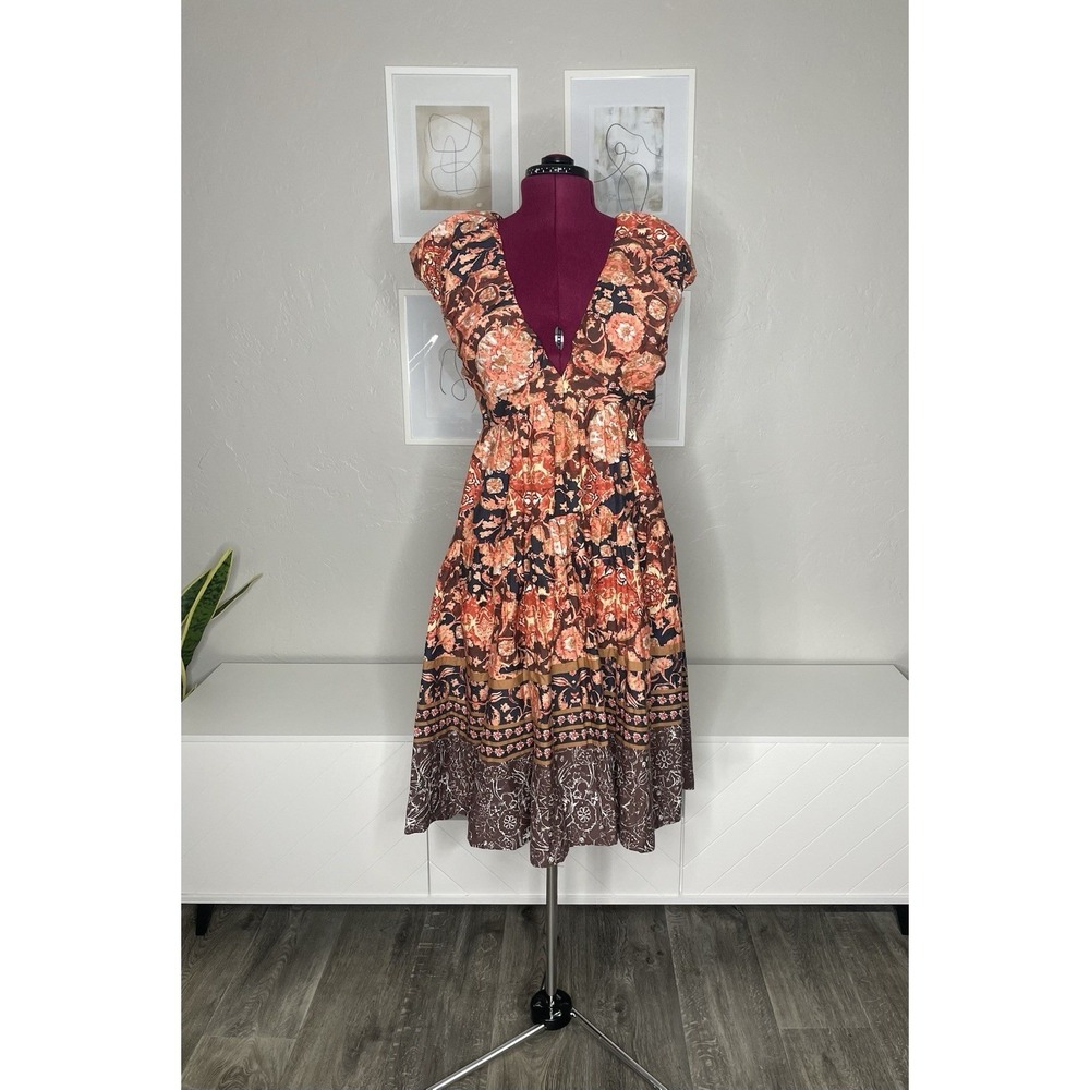 Anthropologie Midi Dress Women Floral Printed V-Neck Babydoll Red Motif Fall NWT